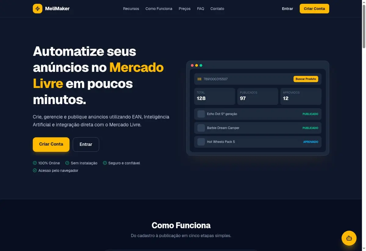 Tela real do MeliMaker com painel de automação de anúncios do Mercado Livre